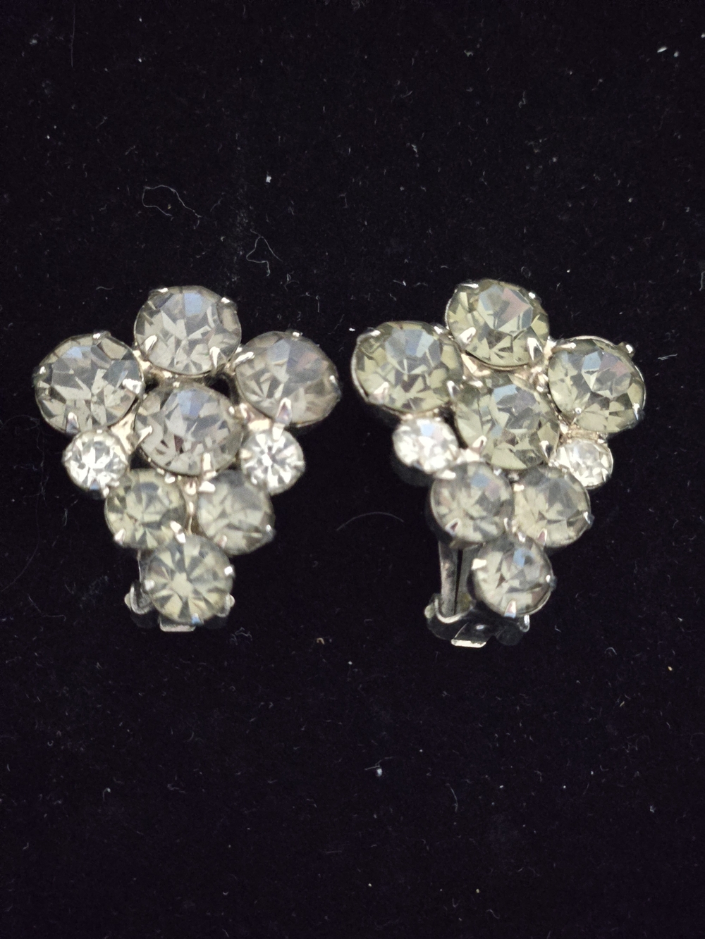 Vintage Rhinestone Cluster Clip-On Earrings - Smokey Grey And Clear